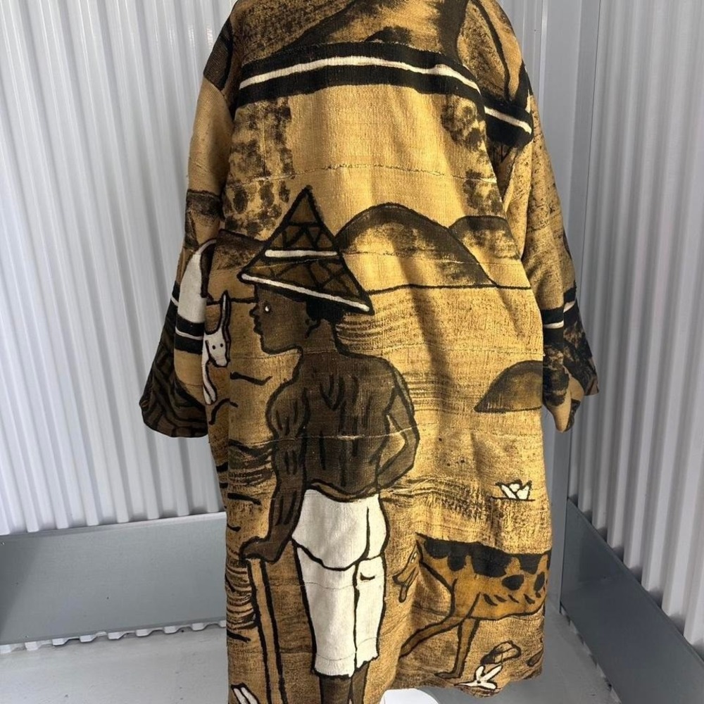 EPIC RARE Vintage Mudcloth Jacket! Fleece Lined & Oversized! Trench Coat Length - Picture 3 of 5